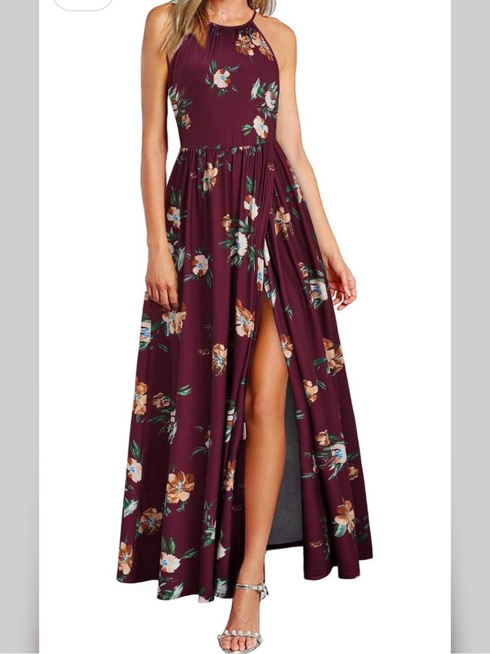 Halter Floral Maxi Dress in Burgundy